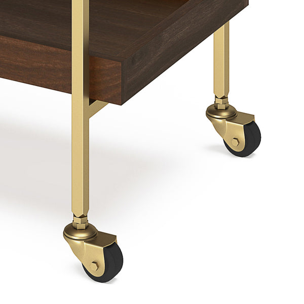 English Elm Jace Mango Wood Bar Cart 26" Cognac with Tempered Glass Shelves, Gold Metal Frame & Locking Wheels B136P158748