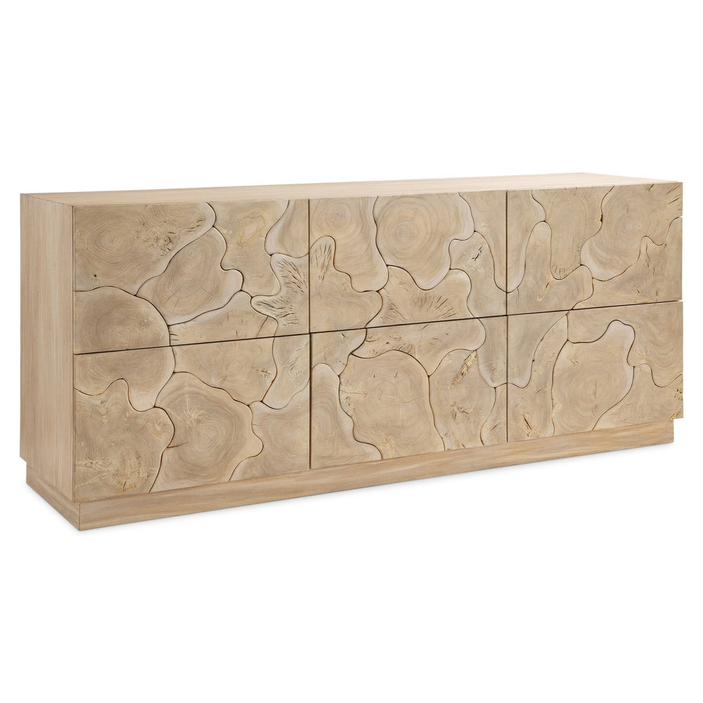 Bernhardt Calavaras Bleached Teak Dresser with Open-Work Facade, Six Push-Open Drawers on Low Plinth Base 347052