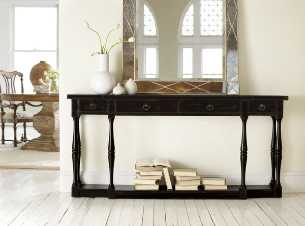 Hooker Furniture Sanctuary Slim Four-Drawer Console In Hand-Rubbed Ebony — 72" Narrow Entryway Table With Shelf, Distressed Charm 3005-85001