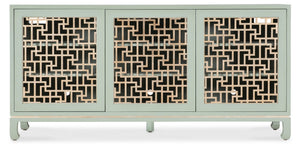 Hooker Furniture Commerce Trellis Entertainment Credenza In Light Green With Silver Leaf Fretwork, Soft-Close Doors, 70" Tv Ready 7228-55036-35