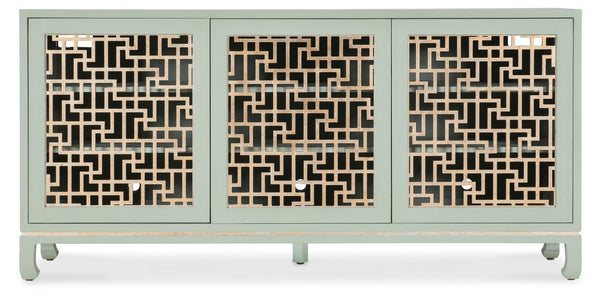 Hooker Furniture Commerce Trellis Entertainment Credenza In Light Green With Silver Leaf Fretwork, Soft-Close Doors, 70" Tv Ready 7228-55036-35
