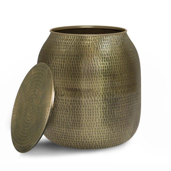 English Elm Griffen Handcrafted Metal Storage Accent Table with Removable Top, Hammered Antique Copper Finish, Multipurpose End Table Gold B136P158972