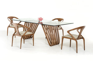 VIG Furniture Draper Mid-Century Walnut & Glass Dining Table With Tapered Slatted Base, Tempered Top, Seats 6 VGCSDT-1498-GLS