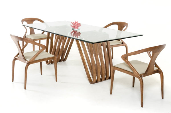 VIG Furniture Draper Mid-Century Walnut & Glass Dining Table With Tapered Slatted Base, Tempered Top, Seats 6 VGCSDT-1498-GLS