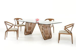 VIG Furniture Draper Mid-Century Walnut & Glass Dining Table With Tapered Slatted Base, Tempered Top, Seats 6 VGCSDT-1498-GLS