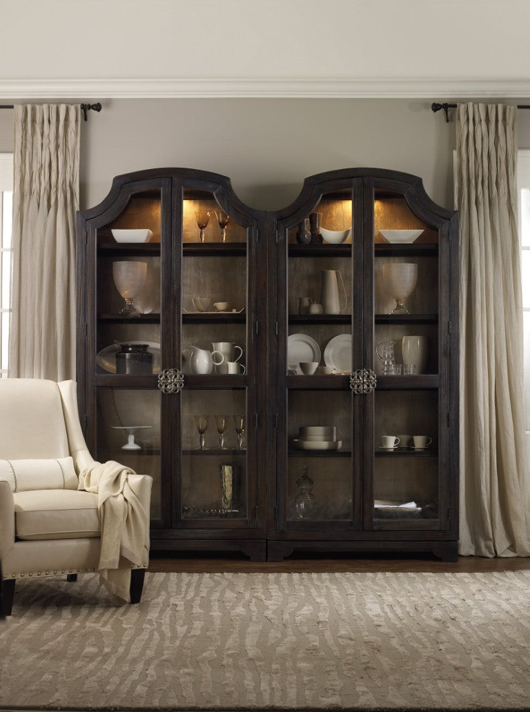 Hooker Furniture Sanctuary Ebony Antiqued Oak Curio Cabinet With Silver Journey Back, Touch Lighting, Adjustable Shelves 3031-50001