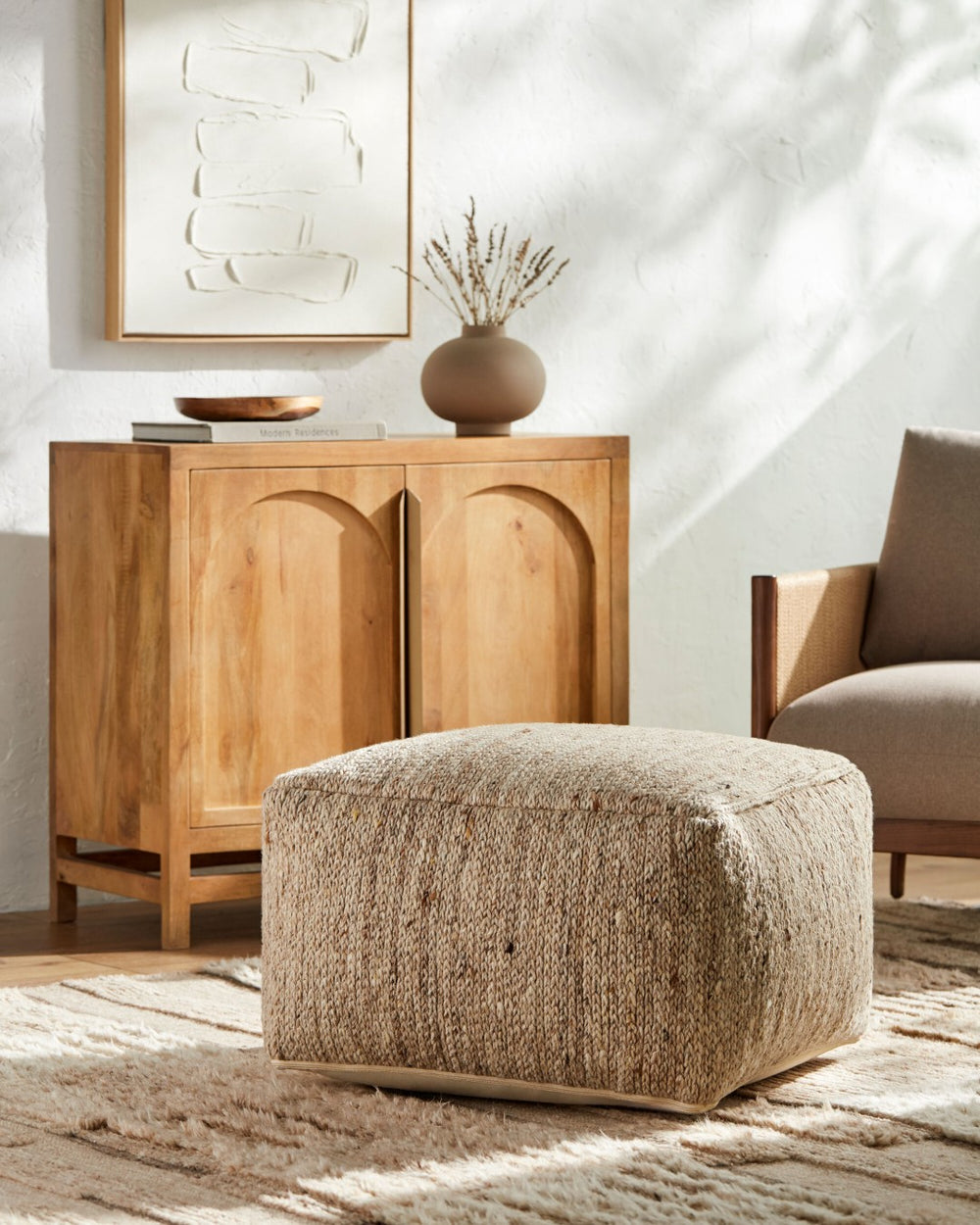 Surya Derby Wool Top Square Pouf Artisan Woven Texture Footrest for Living Rooms DRPF002-142424