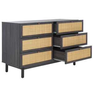 Safavieh Aino 6 Drawer Dresser Distressed Black 60.7" x 17.7" x 32.2"