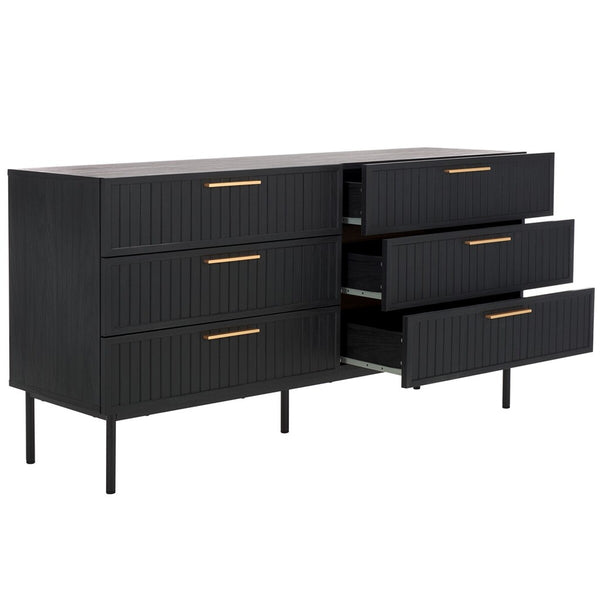 Safavieh Axelle 6 Drawer Dresser Black / Black / Gold 63.1" x 18.5" x 32.4"