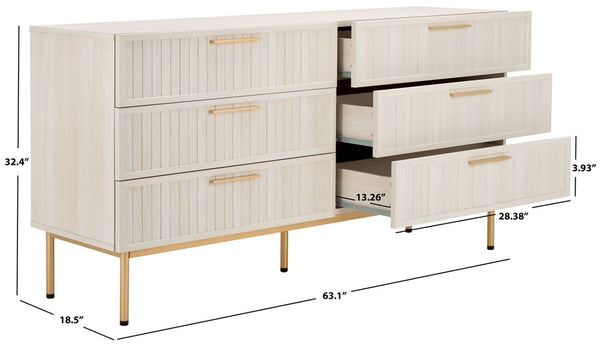 Safavieh Axelle 6 Drawer Dresser White / Gold / Gold 63.1" x 18.5" x 32.4"