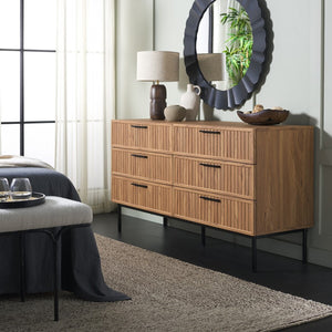 Safavieh Axelle 6 Drawer Dresser Oak / Black / Black  63.1" x 18.5" x 32.4"