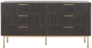 Safavieh Axelle 6 Drawer Dresser Distressed Black / Gold / Gold 63.1" x 18.5" x 32.4"