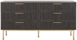 Safavieh Axelle 6 Drawer Dresser Distressed Black / Gold / Gold 63.1" x 18.5" x 32.4"