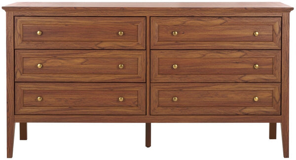 Safavieh Sondra 6 Drawer Dresser Walnut / Gold 63" x 18.5" x 33.4"
