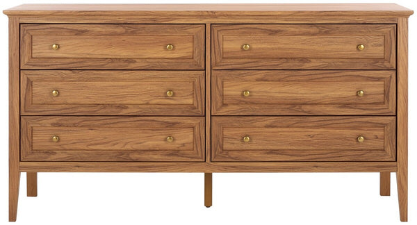 Safavieh Sondra 6 Drawer Dresser Oak / Gold 63" x 18.5" x 33.4"