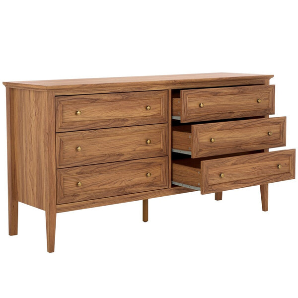 Safavieh Sondra 6 Drawer Dresser Oak / Gold 63" x 18.5" x 33.4"