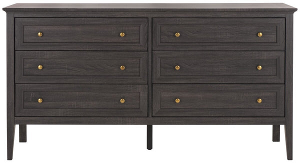 Safavieh Sondra 6 Drawer Dresser Distressed Black / Gold 63" x 18.5" x 33.4"