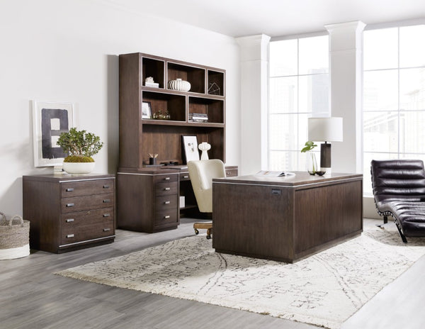 Hooker Furniture House Executive Desk With Dark Roast Ash Veneer, Seven Drawers, Locking File Storage, Metal Trim 36.00 L x 72.00W x 29.75H 5892-10562-85