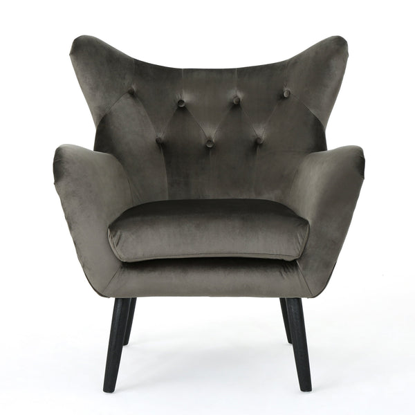 English Elm Arm Chair Tufted Velvet Wingback with Oak Frame and Tapered Legs for Living Room 56589.00NVLTGRY