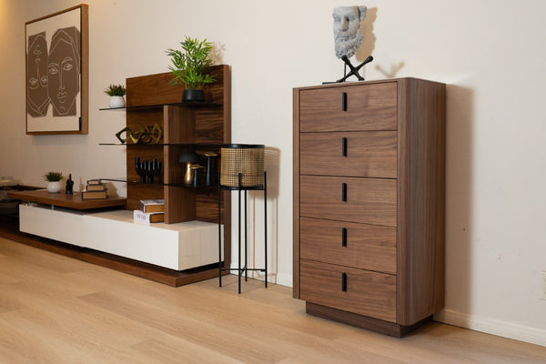 VIG Furniture Chelton- Mid-Century Walnut Veneer Chest With White Ceramic Top, 3 Drawers & Matte Black Handles VGHB-402W-CT