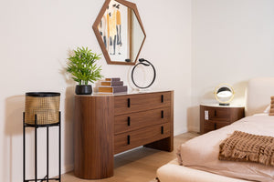 VIG Furniture Chelton Mid-Century White Ceramic Top Buffet With Walnut Veneer, Soft-Close Drawers & Black Handles VGHB351C-WAL-DRS