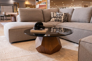 VIG Furniture Rackham Round Smoked Glass Coffee Table With Walnut Veneer Base, Geometric Mid‑Century Style (35") VGBBL1602A