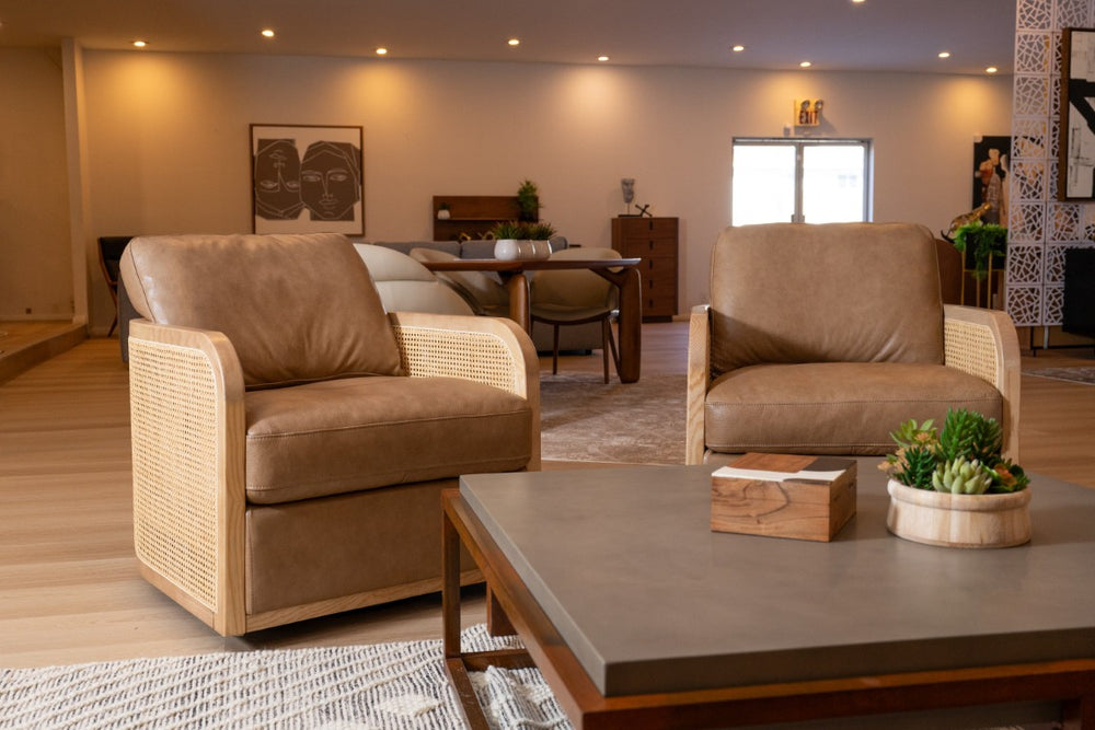 VIG Furniture Danson Top-Grain Leather Swivel Accent Chair With Wicker Siding, Solid Wood Frame, Plush Comfort VGKK-KF.A2090-SAND