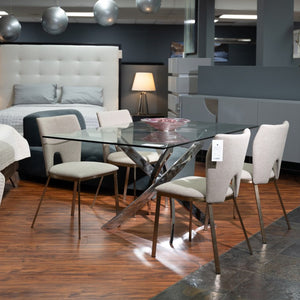 VIG Furniture Pyrite Clear Tempered Glass Dining Table With Sculptural Chrome Legs — Seats 6, Modern Minimalist Chic VGEWF2133EA