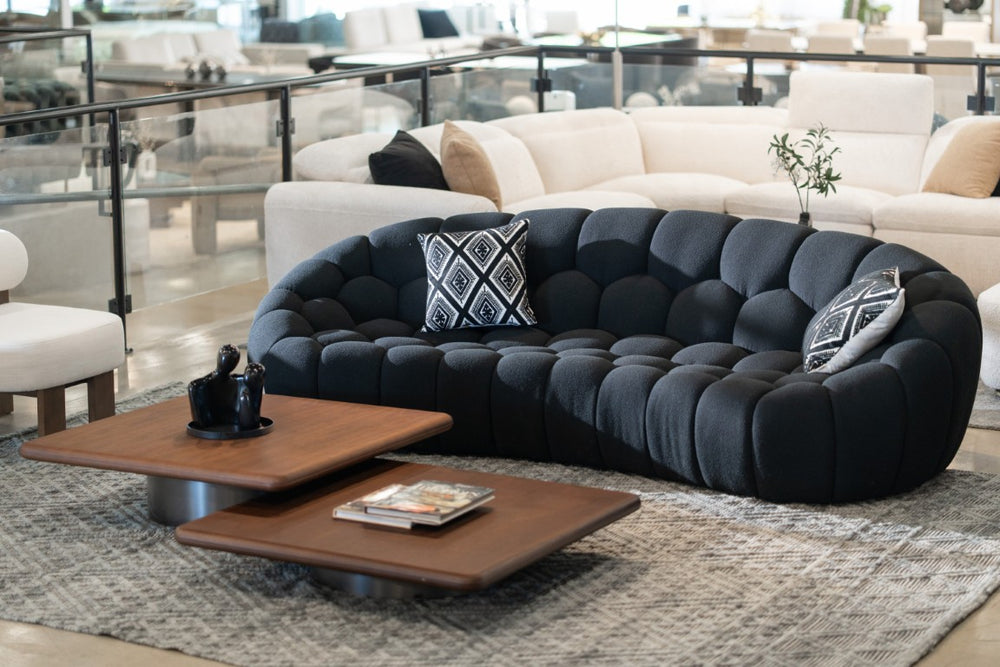 VIG Furniture Yolonda Curved Black Teddy Sofa — Modern Hexagonal Tufted Sculptural Design, Plush Durable Seating VGEV-2126C-SOFA-BLK
