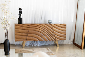 VIG Furniture Finley Walnut & Gold Mid‑Century Buffet Console — Corrugated Doors, Brushed Gold Legs, Spacious W71" Xh34" VGCSSB-16050-GLD