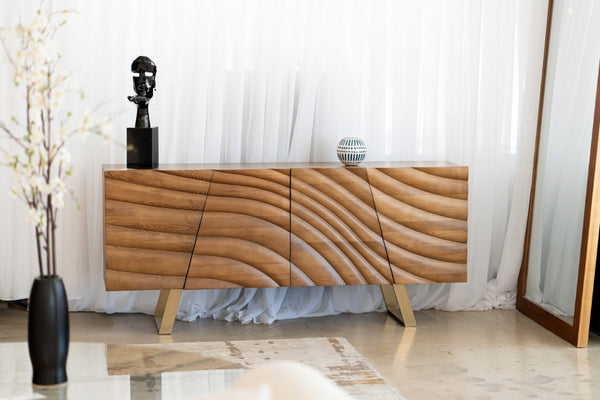 VIG Furniture Finley Walnut & Gold Mid‑Century Buffet Console — Corrugated Doors, Brushed Gold Legs, Spacious W71" Xh34" VGCSSB-16050-GLD