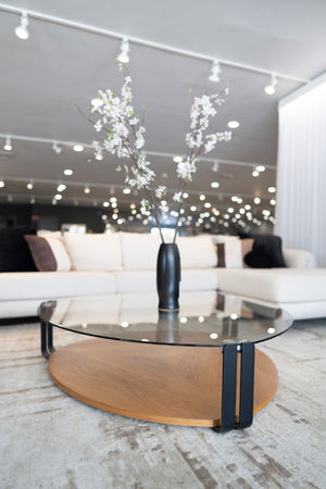 VIG Furniture Viviana Sculptural Coffee Table With Tempered Glass Top, Walnut Shelf & Grey Metal Legs — 53" VGBB-MH1904C-GRY
