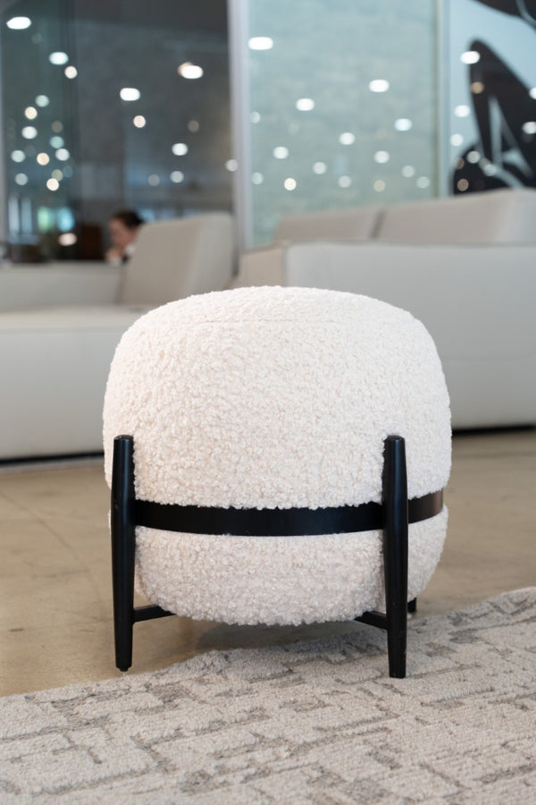VIG Furniture Fouston Plush White Sherpa Pouf Ottoman With Black Metal Frame, Supportive Foam Core, 330 Lb Capacity VGODZW-20156-WHT-OTT