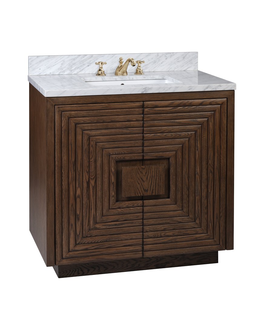 Currey & Company Morombe 36" Distressed Cocoa Marble Vanity With Rectangular Undermount Sink & Smart Storage Solutions Brown Oak Solids & Veneers ,Carrara Marble ,Vitreous China 3800-0012-currey-company