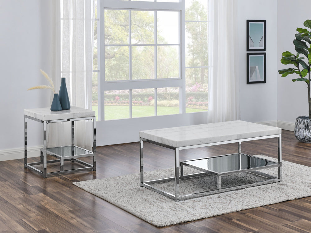 English Elm Steve Silver - Aston White Marble 3-Piece Occasional Table Set with Asymmetrical Glass & Metal Design, Storage B081S00409
