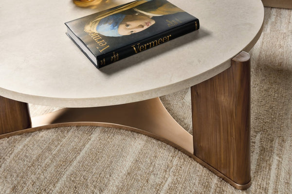 Hooker Furniture Eleana Sculptural Round Cocktail Table With Honed Marble Top, Light Caramel Walnut & Sunlit Bronze Accents 7252-80111-85