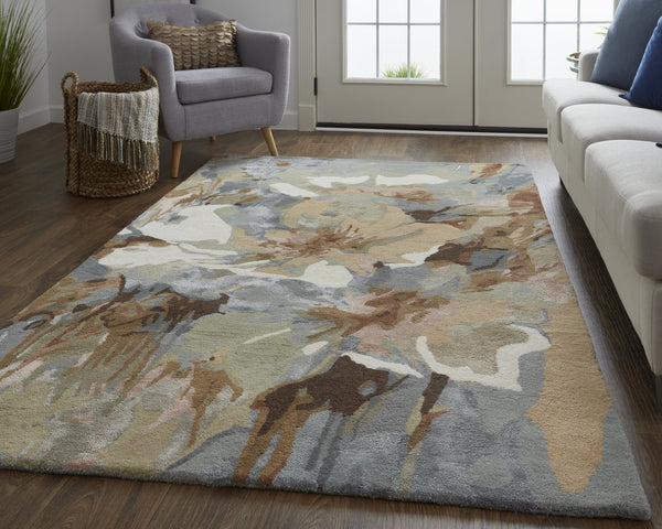 Feizy Rugs Dafney Hand-tufted Floral & Botanical Rug - Whimsical Watercolor Design In Vivid Colors For Elegance Tan,Gray,Green Viscose,Wool Dfy8868fbgemltc50