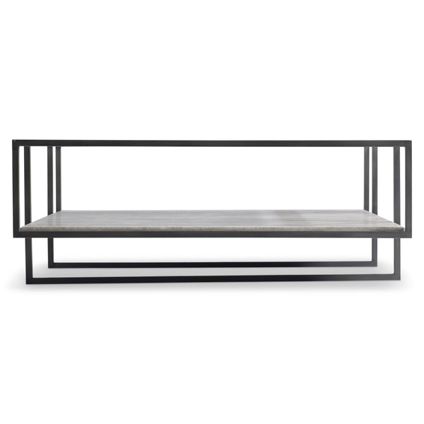 Bernhardt Bernhardt Harlow Cocktail Table — 44" Modern Industrial Coffee Table With Travertine Shelf, Glass Top, Bronze Frame 514022