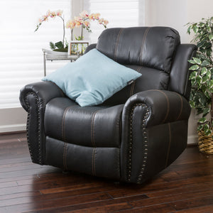 English Elm Christopher Knight Home® - GLIDING Recliner with Faux Leather Upholstery, Nailhead Trim, Foam Support and Pushback Comfort Black 57339.00PUBLK
