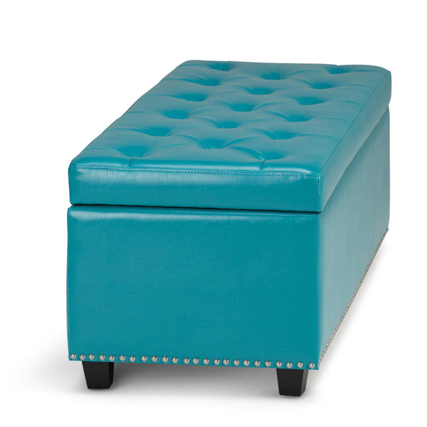 English Elm Hamilton Storage Ottoman - Mediterranean Blue Vegan Leather, Tufted Design, Versatile & Stylish Seating B136P158175