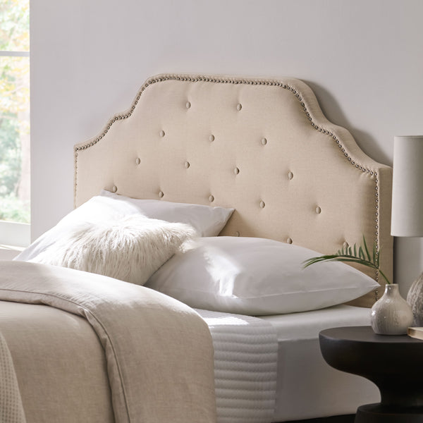 English Elm Tufted Queen Headboard with Nailhead Trim Solid Wood Frame and Adjustable Metal Legs Beige 57877.00