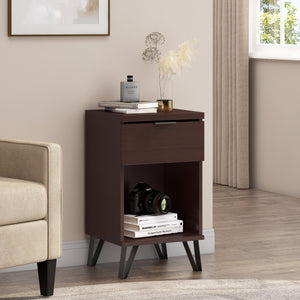 English Elm Christopher Knight Home® - 1 Drawer Tall End Table Walnut MDF Nightstand with Drawer & Shelf, Industrial Matte Black Legs, Compact Stylish Storage 68976.00