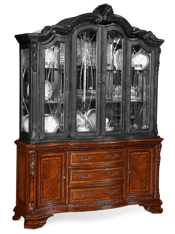 A.R.T. Furniture Old World China Base - Elegant Medium Cherry Buffet With Etched Glass Doors & Halogen Lighting Features Brown, Brown New Zealand Pine Solids,Cathedral Cherry Veneer,And Exotic Avodire Veneer 143243-2606