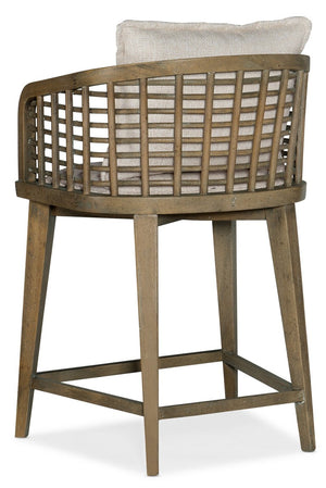 Hooker Furniture Surfrider Barrel Back Swivel Counter Stool With Cane Lattice, Zuri Cream Upholstery, Copper Footrest Medium Brown 6015-75350-89