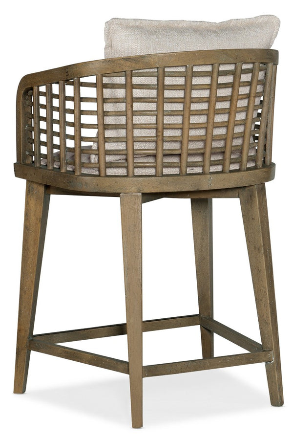 Hooker Furniture Surfrider Barrel Back Swivel Counter Stool With Cane Lattice, Zuri Cream Upholstery, Copper Footrest Medium Brown 6015-75350-89