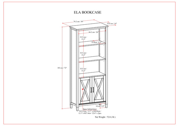 English Elm Ela Smoky Brown Bookcase with Shaker X Doors, Adjustable Shelves, Solid Wood Finish & Bronze Pulls B136P158601