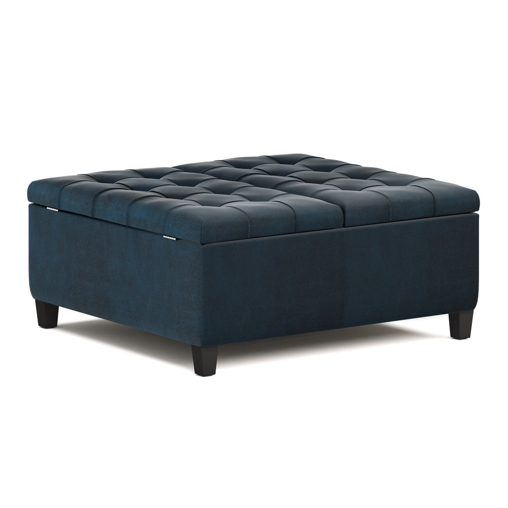 English Elm Harrison - Versatile Storage Ottoman Coffee Table In Distressed Dark Blue Vegan Leather For Modern Homes B136P159144
