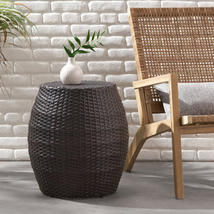 English Elm Outdoor Wicker Bombe Side Table Sculptural Iron Frame Weather Resistant Patio Accent Brown Multi 60746.00MBN