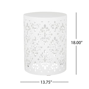 English Elm Outdoor Iron Accent Table Laser Cut Floral Cylinder Design for Patio or Balcony White 73605.00WHI