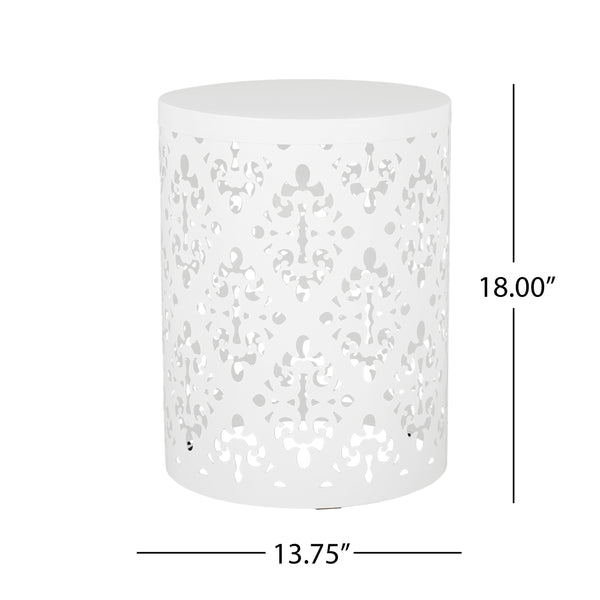English Elm Outdoor Iron Accent Table Laser Cut Floral Cylinder Design for Patio or Balcony White 73605.00WHI